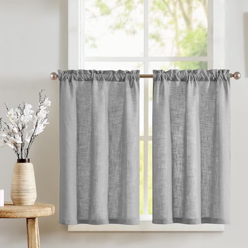 TOPICK Scheibengardinen Grau Leinenmischung Bistrogardine für Wohnzimmer Küche Kleine Fenster Halbtransparent Lichtfilterung Kurz Gardinen Moderne Landhaus Scheibengardinen Tunnelzug 2er Set 65x60 cm von TOPICK