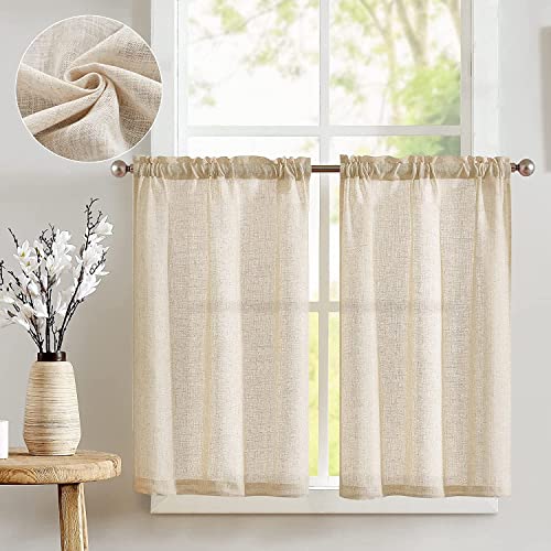 TOPICK Scheibengardinen Leinenmischung Bistrogardine für Wohnzimmer Küche Kleine Fenster Halbtransparent Lichtfilterung Kurz Gardinen Moderne Landhaus Scheibengardinen Tunnelzug 2er Set 65x60 cm Natur von TOPICK