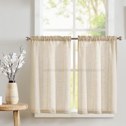 TOPICK Scheibengardinen Leinenmischung Bistrogardine für Wohnzimmer Küche Kleine Fenster Halbtransparent Lichtfilterung Kurz Gardinen Moderne Landhaus Scheibengardinen Tunnelzug 2er Set 65x90 cm Natur von TOPICK