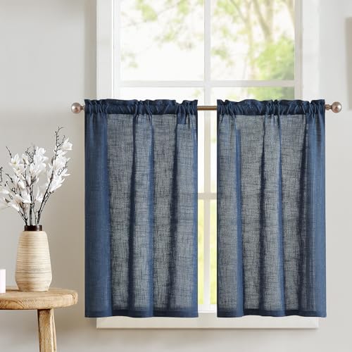 TOPICK Scheibengardine Leinen Bistrogardine Küche Vorhänge Flachs Halbtransparent Lichtfilterung Paarig Schals Scheibengardinen für Wohnzimmer Landhaus Kleine Fenster 2er-Set 65x115cm Indigo Blau von TOPICK