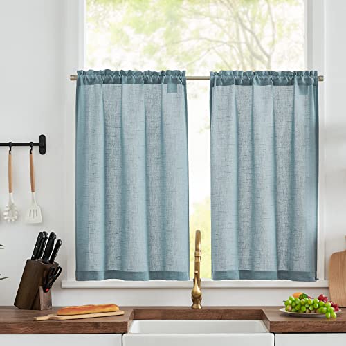TOPICK Scheibengardinen Küche Blau Leinen Bistrogardine mit Tunnelzug Küchengardinen für Balkontür Wohnwagen Landhausstil Bauernhaus Gardinen Kurz Halbtransparente 2er Set 65Bx115Hcm von TOPICK