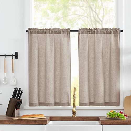 TOPICK Scheibengardinen Küche Braun Leinen Bistrogardine mit Tunnelzug Küchengardinen für Balkontür Wohnwagen Landhausstil Bauernhaus Gardinen Kurz Halbtransparente 2er Set 65Bx60Hcm von TOPICK