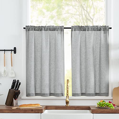 TOPICK Scheibengardine Leinen Bistrogardine Vorhang Blickdicht Gardine Gaze Paarig Schals Scheibengardinen Halbtransparent Fensterschal für Küche Wohnzimmer Landhaus 2er-Set 65Bx60H(cm) Grau von TOPICK