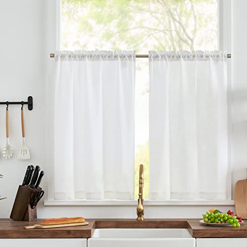 TOPICK Weiß Scheibengardine Leinen Bistrogardine Blickdicht Vorhang Blickdicht Gardine Gaze Schals Scheibengardinen Fensterschal Halbtransparent Küche Wohnzimmer Landhaus 2er-Set 65Bx60H(cm) Weiß von TOPICK