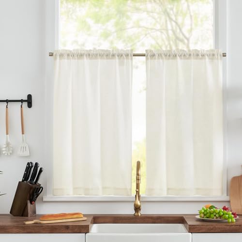 TOPICK Scheibengardinen Küche Weiß Leinen Bistrogardine mit Tunnelzug Küchengardinen für Balkontür Wohnwagen Landhausstil Bauernhaus Gardinen Kurz Halbtransparente 2er Set 65Bx60Hcm von TOPICK
