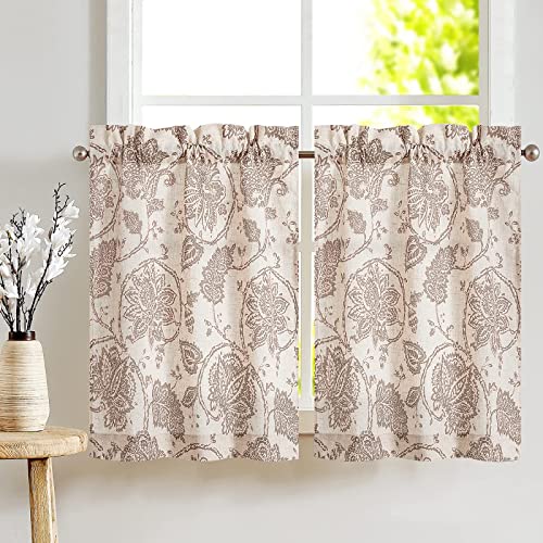 TOPICK Scheibengardine Leinen Vorhang Blumen Bedruckt Bistrogardine Halb Transparent Gardine Schals Scheibengardinen Fensterschal für Küche Wohnzimmer Landhaus 2er-Set 65B x 60H (cm) Braun auf Beige von TOPICK