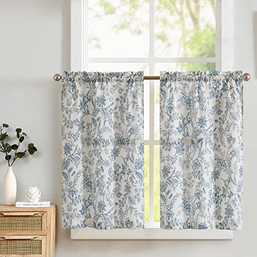 TOPICK Leinen Scheibengardinen Blumen Küchengardinen 2er-Set H90xB65(cm) Landhausstil Modern Gardinen Vorhänge Kurz Bistrogardine für Wohnzimmer Badezimmer Fenster Kurzstores Blau auf Beige von TOPICK
