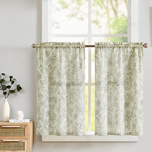 TOPICK Leinen Scheibengardinen Blumen Küchengardinen 2er-Set H90xB65(cm) Landhausstil Modern Gardinen Vorhänge Kurz Bistrogardine für Wohnzimmer Badezimmer Fenster Kurzstores Grün auf Beige von TOPICK