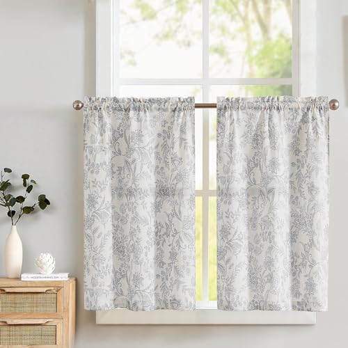 TOPICK Leinen Scheibengardinen Blumen Küchengardinen 2er-Set H60xB65(cm) Landhausstil Modern Gardinen Vorhänge Kurz Bistrogardine für Wohnzimmer Badezimmer Fenster Kurzstores Grau auf Beige von TOPICK