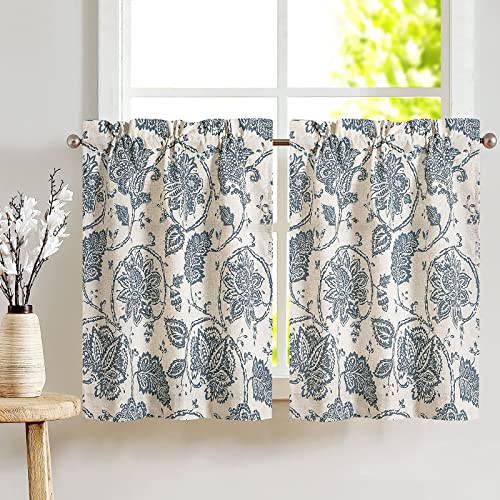 TOPICK Scheibengardine Leinen Vorhang Blumen Bedruckt Bistrogardine Halb Transparent Schals Scheibengardinen für Wohnzimmer Landhaus 2er-Set 65B x 90H (cm) Blau auf Beige von TOPICK