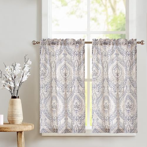 TOPICK Scheibengardine Leinen Vorhang Vintage Bistrogardine Landhaustil Blumen Bedruckt Gardine Geblümt Scheibengardinen Blickdicht für Küche Wohnzimmer Landhaus 2er-Set Blau auf Beige 65B x 115H(cm) von TOPICK