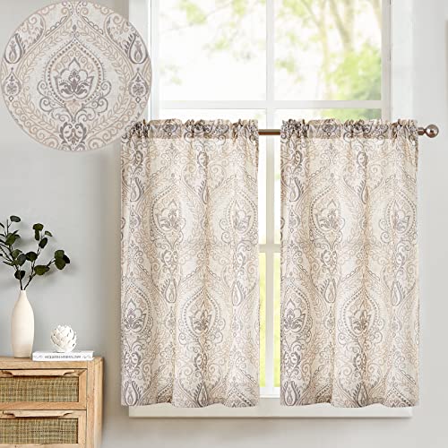 TOPICK Scheibengardine Leinen Vorhang Vintage Bistrogardine Landhaustil Blumen Bedruckt Gardine Geblümt Scheibengardinen Blickdicht für Küche Wohnzimmer Landhaus 2er-Set Braun auf Beige 65B x 115H(CM) von TOPICK