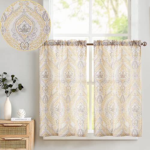 TOPICK Scheibengardine Leinen Vorhang Vintage Bistrogardine Landhaustil Blumen Bedruckt Gardine Geblümt Scheibengardinen Blickdicht für Küche Wohnzimmer Landhaus 2er-Set Gelb auf Beige 65B x 115H(cm) von TOPICK