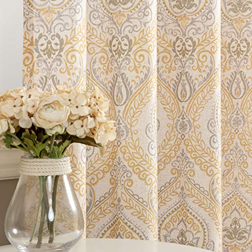 TOPICK Scheibengardine Leinen Vorhang Vintage Bistrogardine Landhaustil Blumen Bedruckt Gardine Geblümt Scheibengardinen Blickdicht für Küche Wohnzimmer Landhaus 2er-Set Gelb auf Beige 65B x 90H(cm) von TOPICK