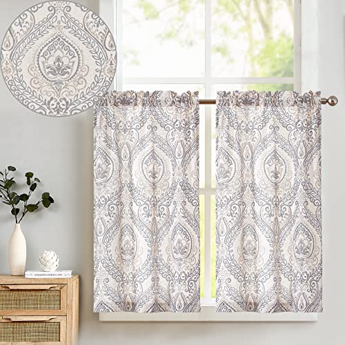 TOPICK Scheibengardine Leinen Vorhang Vintage Bistrogardine Landhaustil Blumen Bedruckt Gardine Geblümt Scheibengardinen Blickdicht für Küche Wohnzimmer Landhaus 2er-Set Grau auf Beige 65B x 115H(cm) von TOPICK