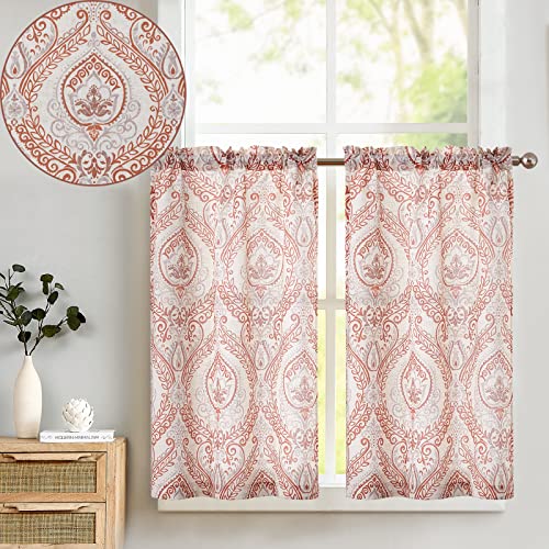 TOPICK Scheibengardine Leinen Vorhang Vintage Bistrogardine Landhaustil Blumen Bedruckt Gardine Geblümt Scheibengardinen Blickdicht für Küche Wohnzimmer Landhaus 2er-Set Rot auf Beige 65B x 115H(cm) von TOPICK