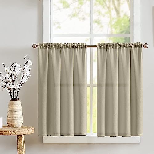 TOPICK Scheibengardine Leinenoptik Bistrogardine Braun Vorhang Fenstervorhang Gardine Gaze Paarig Schals Scheibengardinen Fensterschal für Küche Wohnzimmer Landhaus 2er Set 90Bx90H(cm) Taupe von TOPICK