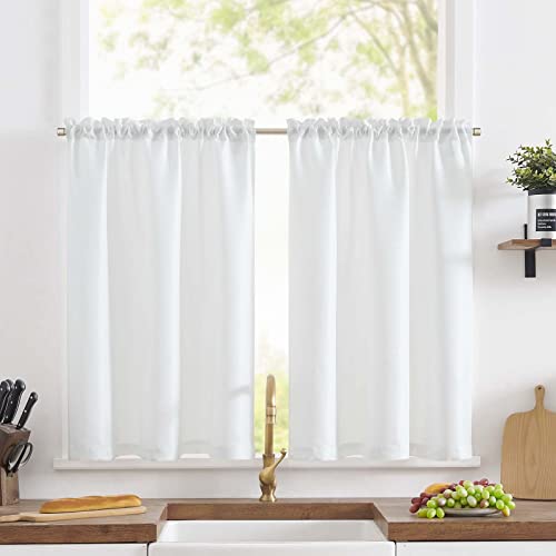 TOPICK Scheibengardine Leinenoptik Bistrogardine Uni Kurzer Küche Vorhänge Gewebe Gitter Lichtfilterung Paarig Schals für Wohnzimmer Landhaus Kleine Fenster 65x115cm Weiß 2er Set von TOPICK