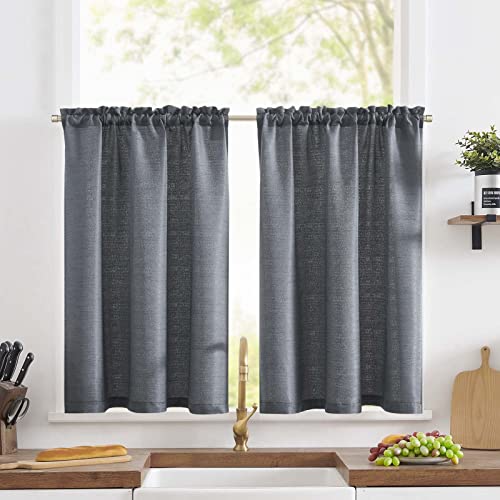 TOPICK Scheibengardine Leinenoptik Bistrogardine 2er Set 115Hx90B cm Uni Kurzer Küche Vorhänge Gewebe Gitter Lichtfilterung Paarig Schals für Wohnzimmer Landhaus Kleine Fenster Grau von TOPICK