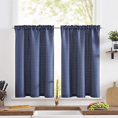 TOPICK Scheibengardine Leinenoptik Bistrogardine Uni Kurzer Küche Vorhänge Jacquard Gewebe Gitter Lichtfilterung Paarig Schals für Wohnzimmer Landhaus Kleine Fenster 65x90cm Blau 2er Set von TOPICK