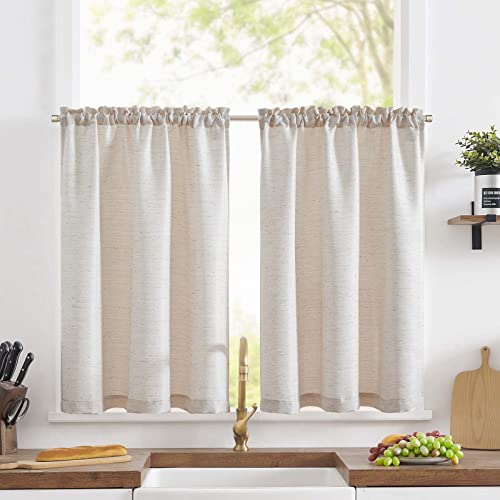 TOPICK Scheibengardine Leinenoptik Bistrogardine Uni Kurzer Küche Vorhänge Jacquard Gewebe Gitter Lichtfilterung Paarig Schals für Wohnzimmer Landhaus Kleine Fenster 90x60cm Beige 2er Set von TOPICK