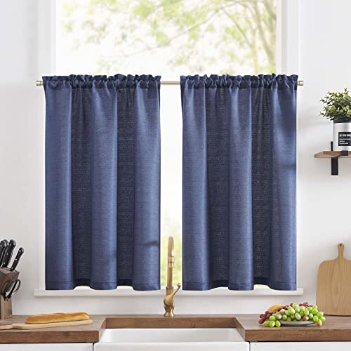 TOPICK Scheibengardine Leinenoptik Bistrogardine 2er Set 60Hx90B cm Uni Kurzer Küche Vorhänge Gewebe Gitter Lichtfilterung Paarig Schals für Wohnzimmer Landhaus Kleine Fenster Blau von TOPICK