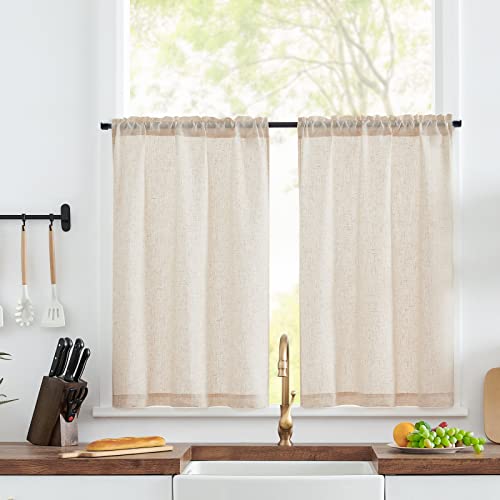 TOPICK Scheibengardinen Küche Beige Leinen Bistrogardine mit Tunnelzug Küchengardinen für Balkontür Wohnwagen Landhausstil Bauernhaus Gardinen Kurz Halbtransparente 2er Set 65Bx90Hcm von TOPICK