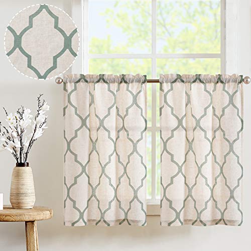 TOPICK Scheibengardine Sheer Vorhang Bistrogardine Halb Transparent Gardine Gaze Paarig Schals Scheibengardinen Fensterschal für Küche Wohnzimmer Landhaus 2er-Set 65B x 60H (cm) Grün von TOPICK