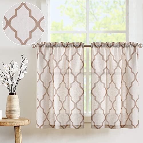 TOPICK Scheibengardine Sheer Vorhang Bistrogardine Leinen Halb Transparent Gardine Gaze Paarig Schals Scheibengardinen Fensterschal für Küche Wohnzimmer Landhaus 2er-Set 65B x 60H (CM) Braun auf Beige von TOPICK