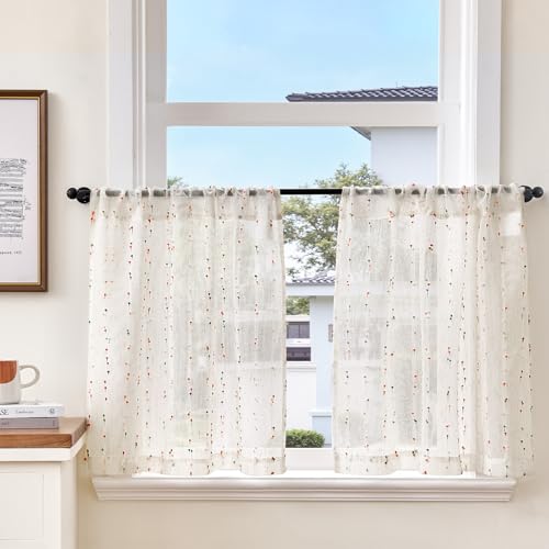 TOPICK Scheibengardinen 2er Set Bistrogardinen mit Punkten Leinen Landhausstil Boho Kurzgardine halbtransparent, H60 x B65 (cm) Leinenoptik Vorhänge mit Tunnelzug Küchenvorhang Wohnzimmer Rot von TOPICK