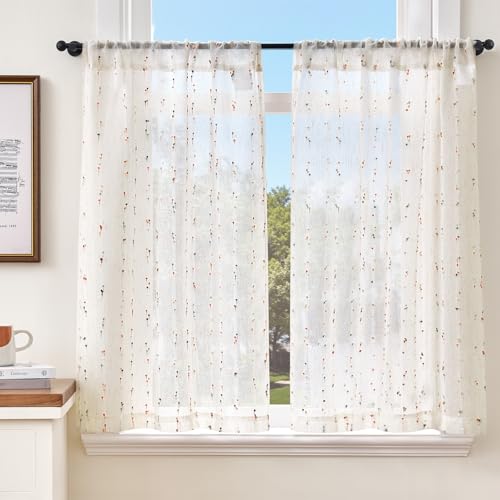 TOPICK Scheibengardinen 2er Set Bistrogardinen mit Punkten Leinen Landhausstil Boho Kurzgardine halbtransparent, H90 x B65 (cm) Leinenoptik Vorhänge mit Tunnelzug Küchenvorhang Wohnzimmer Rot von TOPICK