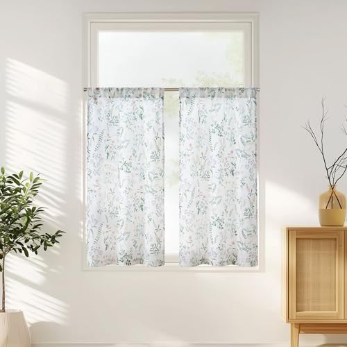 TOPICK Scheibengardinen Blumen Bistrogardine für Wohnzimmer Kinderzimme Küche Leinen Küchenvorhänge Landhausstil Halbtransparent Blätter Küchengardinen Tunnelzug 65B x 115H cm 2er Set Grün auf Weiß von TOPICK