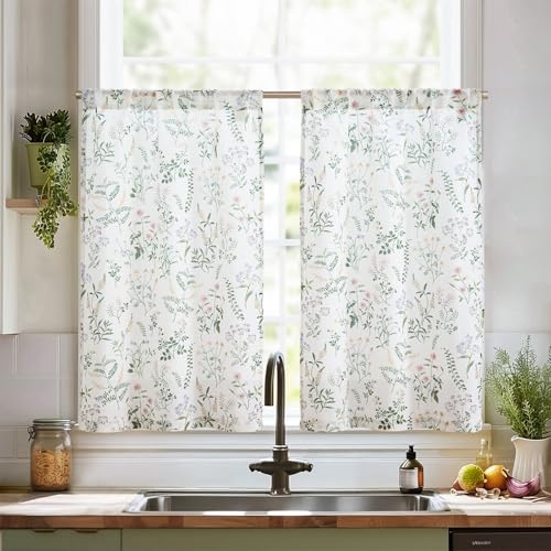 TOPICK Scheibengardinen Blumen Bistrogardine für Wohnzimmer Kinderzimme Küche Leinen Küchenvorhänge Landhausstil Halbtransparent Blätter Küchengardinen Tunnelzug 65B x 90H cm 2er Set Grün auf Weiß von TOPICK