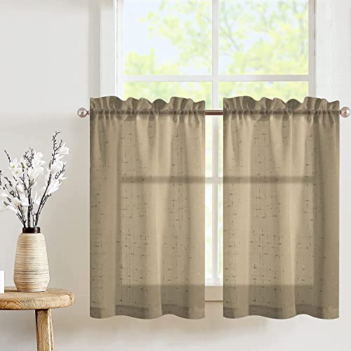 TOPICK Scheibengardinen Braun Transparent Scheibengardine Landhausstil Bistrogardine mit Kreuzmuster Semi Sheer Gardine Kurztores Gaze Fensterschal für Küche Wohnzimmer Landhaus 2er Set 115cm Taupe von TOPICK