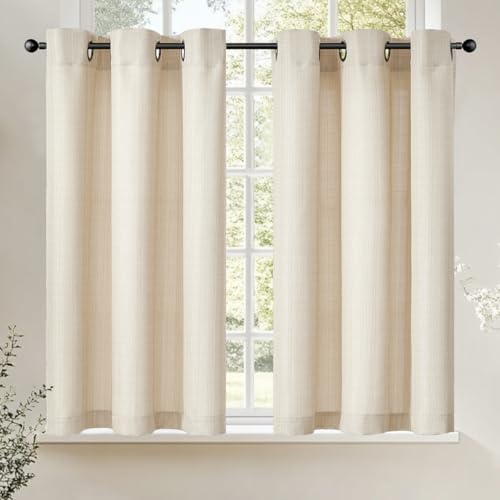 TOPICK Scheibengardinen Küche 2er Set 90Hx 95B cm Beige Bistrogardine mit Ösen Modern Gardinen Kurz Halbtransparente Leinenoptik Küchengardinen für Kleine Fenster Wohnmobil Küchenfenster von TOPICK