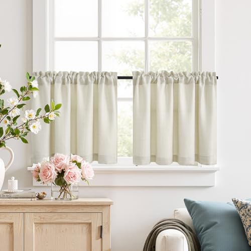 TOPICK Scheibengardinen Küche Beige Bistrogardine mit Schlaufen Modern Gardinen Kurz Halbtransparente Leinenoptik Küchengardinen für Kleine Fenster Wohnmobil Küchenfenster 2er Set 90Bx45H cm von TOPICK