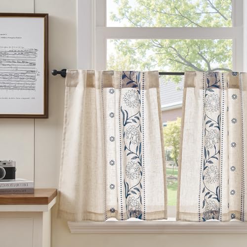 TOPICK Scheibengardinen Küche Blau auf Roh Bistrogardine mit Verdeckten Schlaufen Kurz mit Bestickte Leinen Vorhänge für Wohnzimmer Schlafzimmer Lichtfilterung Landhausstil Geblümt 2er Set 65Bx60H cm von TOPICK