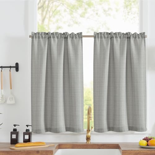 TOPICK Scheibengardinen Küche Dunkelgrau Bistrogardine mit Tunnelzug Modern Gardinen Kurz Blickdicht Leinenoptik Küchengardinen für Kleine Fenster Wohnmobil Küchenfenster 2er Set 90H x 70B cm von TOPICK