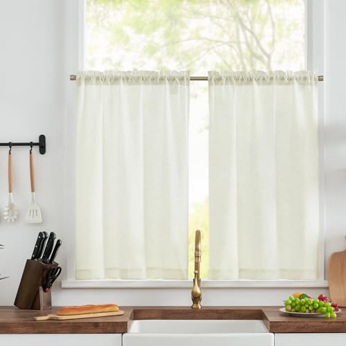 TOPICK Bistrogardine 2er Set Scheibengardinen modern Wohnzimmer Elfenbein Gardine Küchenfenster kurz Scheibengardinen Küche Leinenoptik H60xB65cm Küchengardinen Landhausstil Kurzgardinen von TOPICK