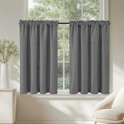 TOPICK Scheibengardinen Küche Grau Bistrogardine mit Tunnelzug Gardinen Kurz mit Waffel Muster Blickdicht Küchengardinen für Kleine Fenster Modern Wohnmobil Landhaus 2er Set 90Bx90H cm von TOPICK