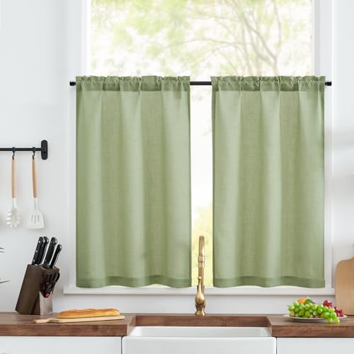 TOPICK Bistrogardine 2er Set Scheibengardinen modern Wohnzimmer Grün Küchengardinen kurz Scheibengardinen Küche Leinenoptik H60xB65 cm Gardine für Küchenfenster Vorhänge Küche Landhausstil von TOPICK