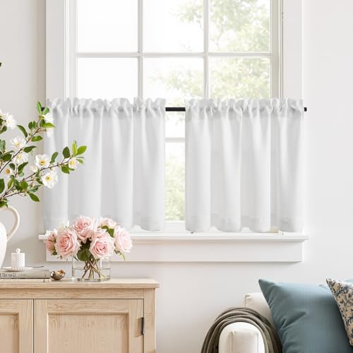 TOPICK Scheibengardinen Küche Weiß Bistrogardine mit Schlaufen Modern Gardinen Kurz Halbtransparente Leinenoptik Küchengardinen für Kleine Fenster Wohnmobil Küchenfenster 2er Set 90Bx45H cm von TOPICK