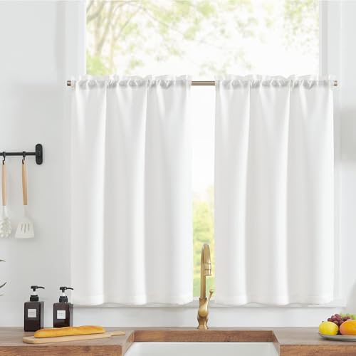 TOPICK Scheibengardinen Küche Weiß Bistrogardine mit Tunnelzug Modern Gardinen Kurz Blickdicht Leinenoptik Küchengardinen für Kleine Fenster Wohnmobil Küchenfenster 2er Set 70Bx115H cm von TOPICK