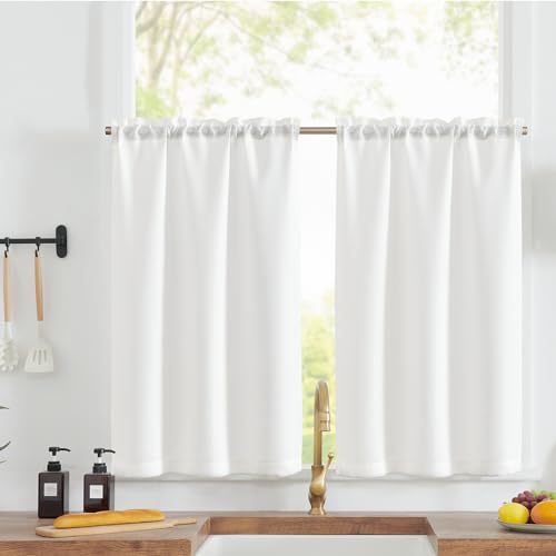 TOPICK Scheibengardinen Küche Weiß Bistrogardine mit Tunnelzug Modern Gardinen Kurz Blickdicht Leinenoptik Küchengardinen für Kleine Fenster Wohnmobil Küchenfenster 2er Set 75H x 70B cm von TOPICK
