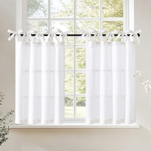 TOPICK 2er Set H 60 x B 65 (cm) Scheibengardinen Küche Weiß Leinen Bistrogardine mit Bindebändern Küchengardinen für Balkontür Wohnwagen Landhausstil Bauernhaus Gardinen Kurz Halbtransparente von TOPICK