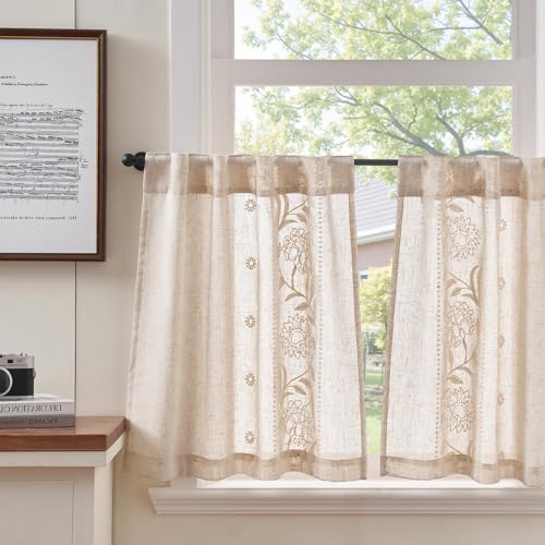 TOPICK Scheibengardinen Küche Weiß auf Roh Bistrogardine mit Verdeckten Schlaufen Kurz mit Bestickte Leinen Vorhänge für Wohnzimmer Schlafzimmer Lichtfilterung Landhausstil Geblümt 2er Set 65Bx60H cm TOPICK Scheibengardinen Küche Weiß auf Roh Bistrogardine mit Verdeckten Schlaufen Kurz mit Bestickte Leinen Vorhänge für Wohnzimmer Schlafzimmer Lichtfilterung Landhausstil Geblümt 2er Set 65Bx60H cm von TOPICK