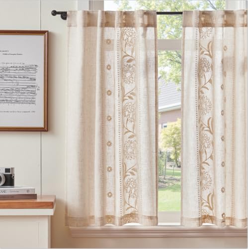 TOPICK Scheibengardinen Küche Weiß auf Roh Bistrogardine mit Verdeckten Schlaufen Kurz mit Bestickte Leinen Vorhänge für Wohnzimmer Schlafzimmer Lichtfilterung Landhausstil Geblümt 2er Set 65Bx90H cm von TOPICK
