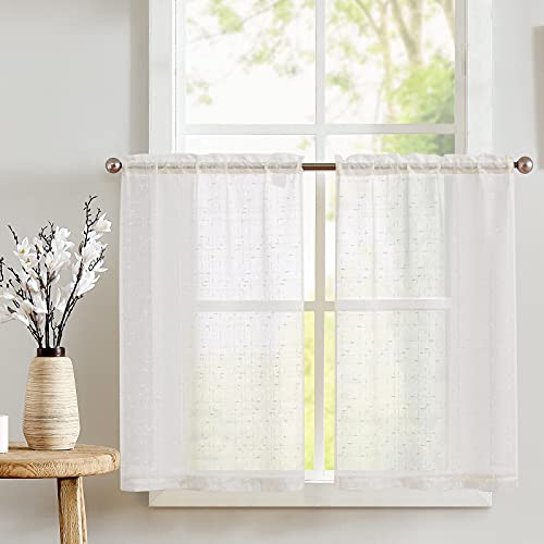 TOPICK Scheibengardinen 2er Set H 60 x B 63 (cm) Elfenbein Weiß Transparent Scheibengardine Landhausstil Bistrogardine mit Kreuzmuster Sheer Gardine Kurztores Fensterschal für Küche Wohnzimmer von TOPICK