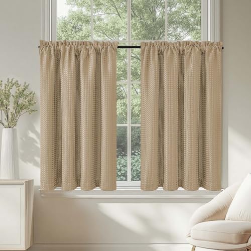 TOPICK Blickdicht Scheibengardinen Küche Braun Bistrogardine mit Tunnelzug Gardinen Kurz mit Waffel Muster Halbtransparente Küchengardinen für Kleine Fenster Wohnmobil Landhaus 2er Set 90Bx115H cm von TOPICK