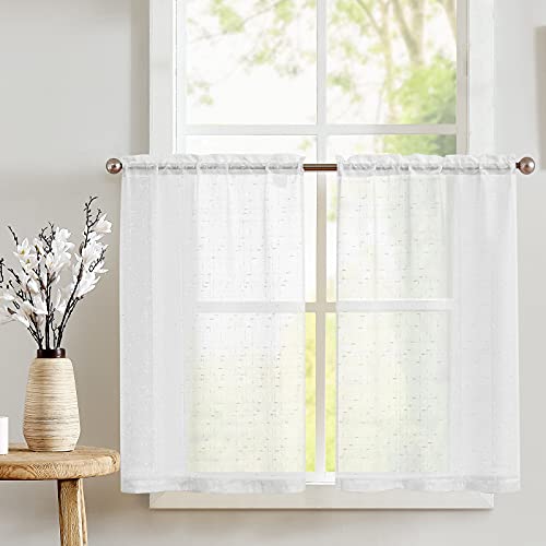 TOPICK Scheibengardinen Weiß Transparent Scheibengardine Landhausstil Bistrogardine mit Kreuzmuster Semi Sheer Gardine Kurztores Gaze Fensterschal für Küche Wohnzimmer Landhaus 2er Set 90cm Weiss von TOPICK